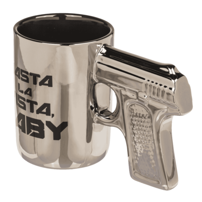 Silver mug with pistol grip, Hasta la vista baby,