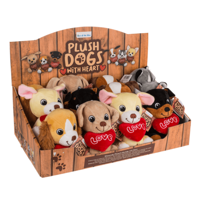 Sitting plush dogs with heart,