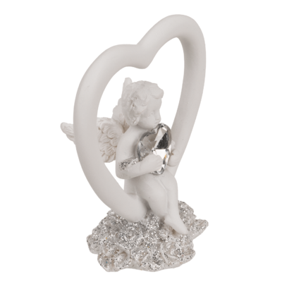 Sitting polyresin angel in heart with crystal