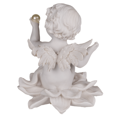 Sitting polyresin angel with pearl on flower,