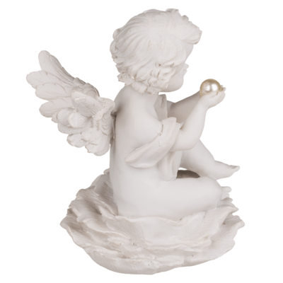 Sitting polyresin angel with pearl on flower,