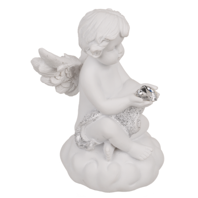 Sitting polyresin angel with white LED heart,