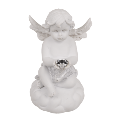 Sitting polyresin angel with white LED heart,