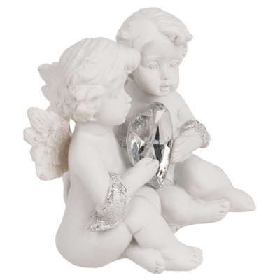 Sitting polyresin double angels with crystal heart