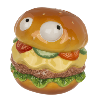 Spardose mit Schloss, Burger mit Augen in Box,