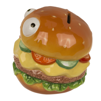 Spardose mit Schloss, Burger mit Augen in Box,