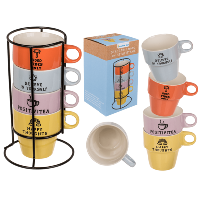 Stackable mugs on metal stand, Pastel,