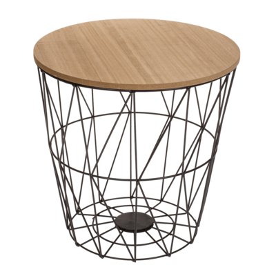 Table, round, metal basket with wooden plate,
