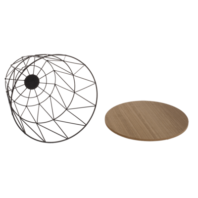 Table, round, metal basket with wooden plate,