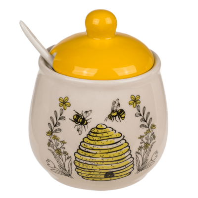 Tarro de miel y azúcar con tapa y cuchara, abeja,