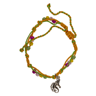 Textile bracelet with glass beads & metal pendant,