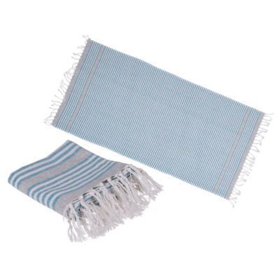 Tissu fouta Hamam (pour sauna & plage) blanc/bleu,
