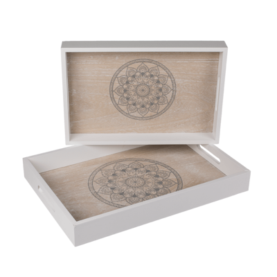 Weiß/naturfarbenes Holz-Tablett, Mandala,