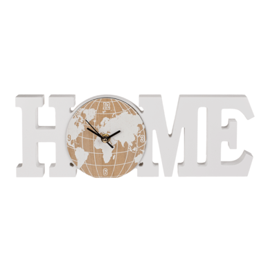 Weiße Holz-Uhr, Home, mit Weltkartenmotiv,