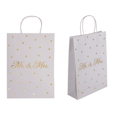 Weiße Papier- Geschenktüte, Mr & Mrs, mit goldenen