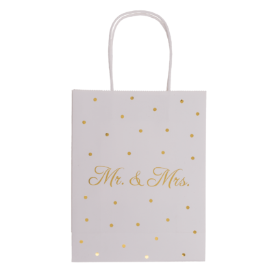 Weiße Papier-Geschenktüte, Mr & Mrs, mit goldenen