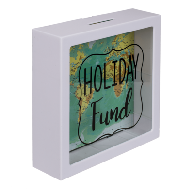 Weiße Spardose, Holiday Fund, Weltkarten-Design,