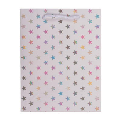 White colored paper gift bag, Holographic Stars,