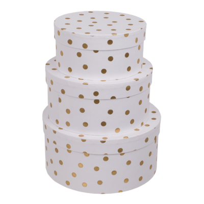 White colored round giftbox with golden dots,
