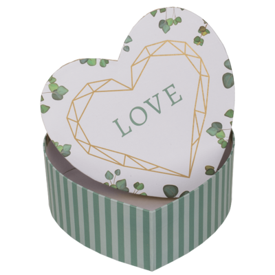 White/green colored present box in heart shape,