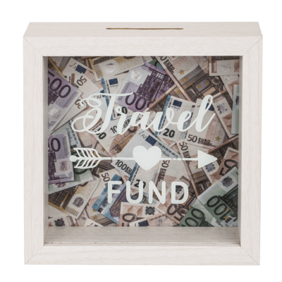White wooden savings box, Travel Fund,