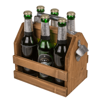 6-Bottle Wooden Beer Crate with Metal Opener