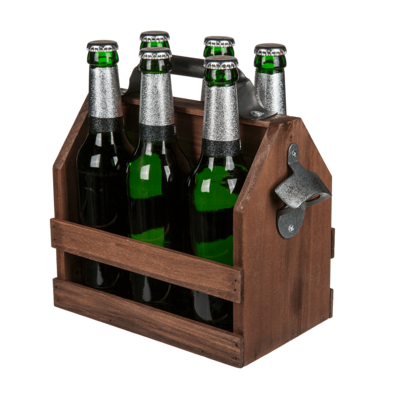 Wooden bottle holder with metal bottle opener,