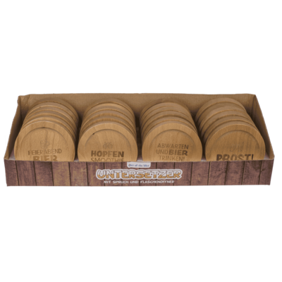 Wooden coaster, with slogan and bottle opener,