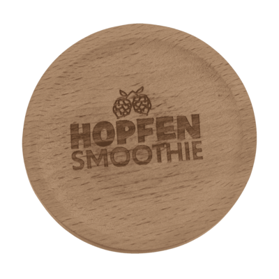 Wooden coaster, with slogan and bottle opener,