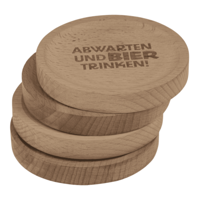 Wooden coaster, with slogan and bottle opener,