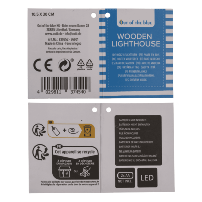 Wooden lighthouse with 8 warm white LED,