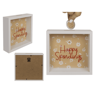 Wooden saving Bank, Happy Spendings,