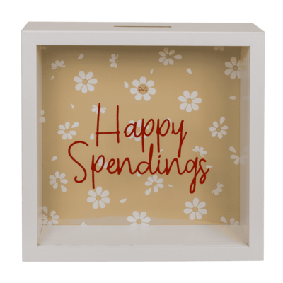 Wooden saving Bank, Happy Spendings,