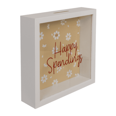 Wooden saving Bank, Happy Spendings,