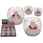 Candle in glass, Snowman and Santa,