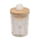 Candle in glass, with wooden lid & pompom,