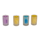 Coloured candles in glass, Happy Birthday,