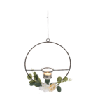 Corona de metal con flores decorativas y portavela