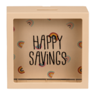 Cream coloured plastic saving box with rainbows,