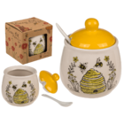 Honey & sugar pot with lid & spoon, Bee,