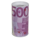 Hucha de metal, billetes de euro,