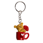 Metal keyring, polyresin bear in mug,