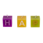 Multi coloured square candles with letters,