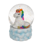 Polyresin glitter globe, Lying unicorn on cloud,