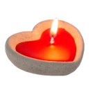 Red candle in cement pot, heart shaped,