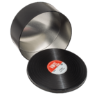 Round metal tin, vinyl record,
