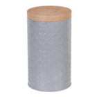 Round tin box with bamboo look cover,