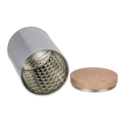 Round tin box with bamboo look cover,