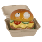 Savings bank with lock, Burger with eyes in box,