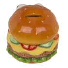 Savings bank with lock, Burger with eyes in box,